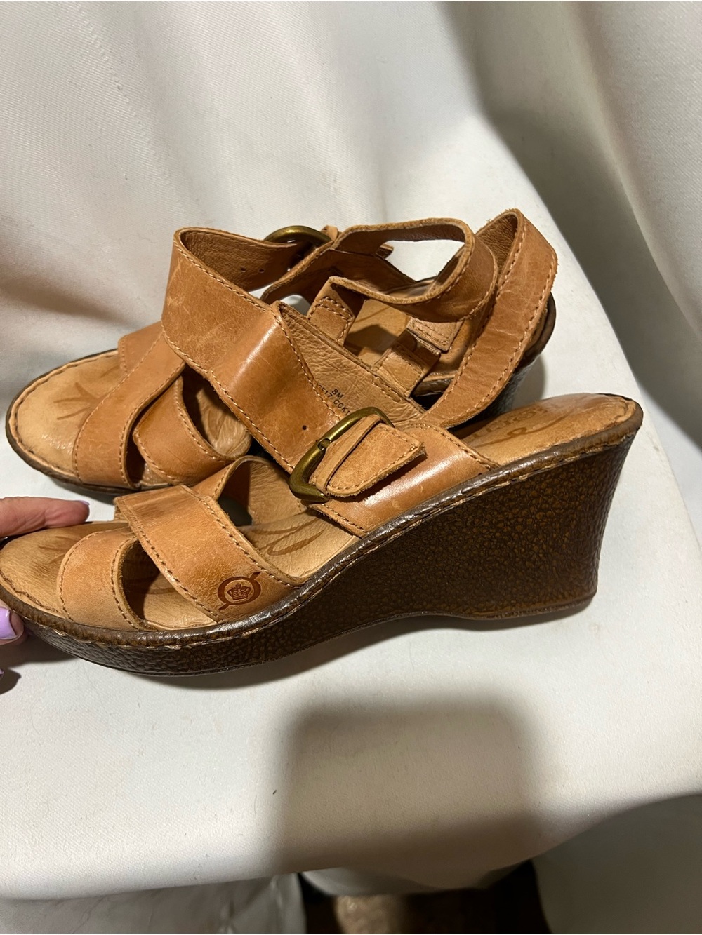 Born Leather Wedge Sandals Women’s Size 8M Cognac Brown Buckle Comfort Slingback - Picture 4 of 8